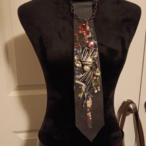 Embellished Grey Leather Necktie
